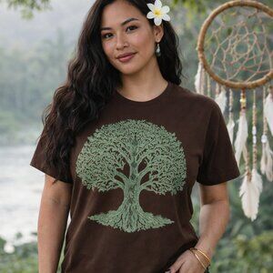 Medium TREE OF LIFE, CHAKRA brown t-shirt. Bohemian Spiritual Yoga tee.  NWT